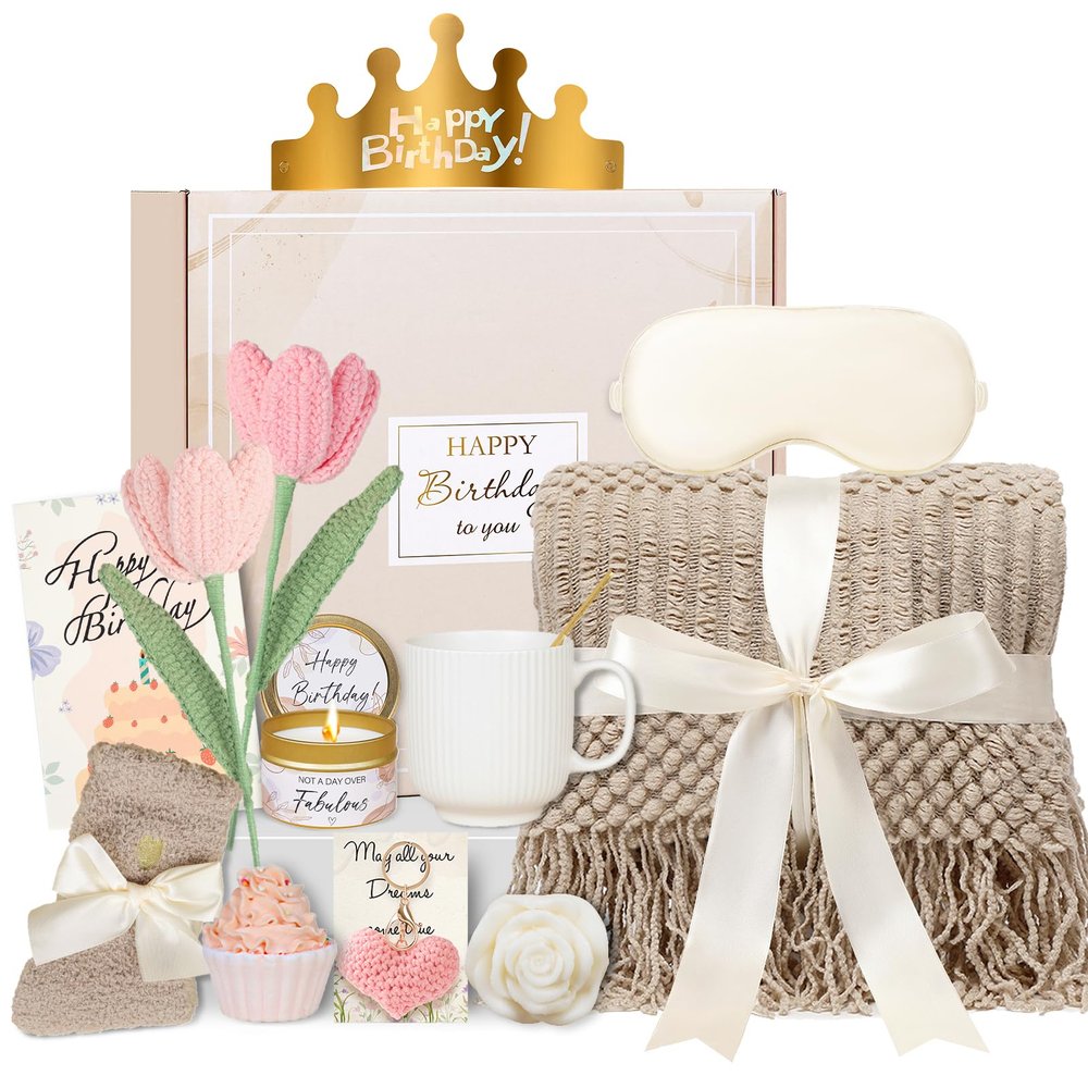 CuriBox Birthday Gifts for Women - 13PCS Unique Happy Birthday Gifts Basket for Mom Her Best Friend Sister Wife Girlfriend Coworker - Relaxing Spa Self Care Package Get Well Soon Gifts Set (Vanilla)