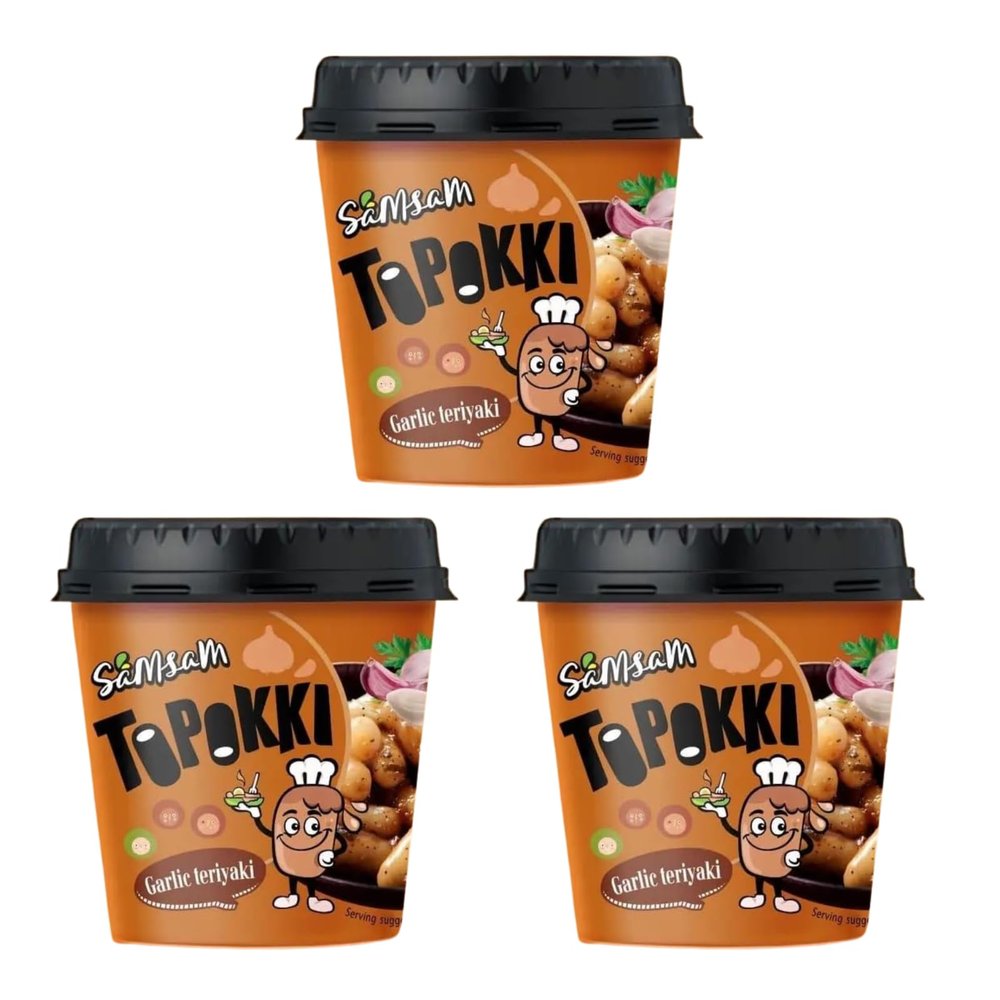SamSam Instant Tteokbokki Topokki Korean Rice Cakes Chewy Street Snack, Carbonara, Cheese, Curry, Garlic Teriyaki, Jjajang, Rose, Original Sweet&Spicy (Pack of 3, Garlic Teriaki)