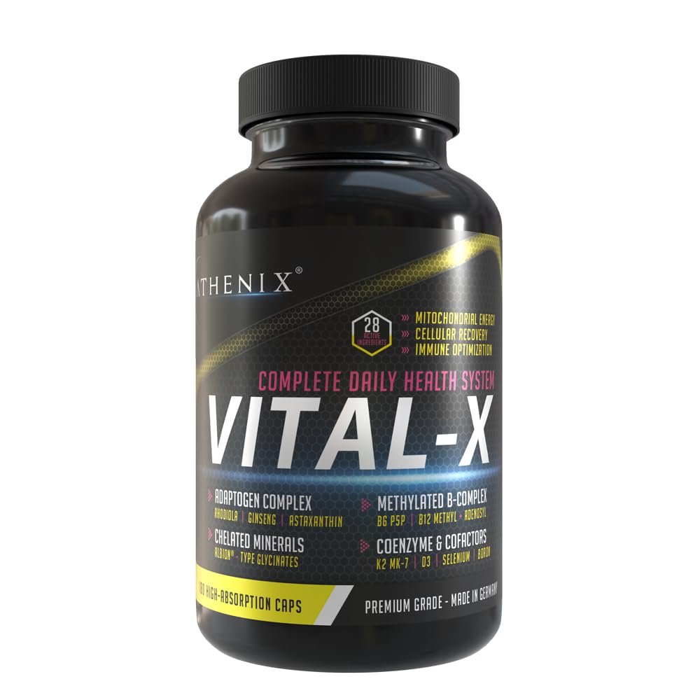 ATHENIX Vital-X Multivitamin & Mineral Complex | Premium Daily Formula with Chelated Minerals, Methylated B-Vitamins & Adaptogens (Ginseng + Rhodiola) | 180 Vegan Capsules | Made in Germany