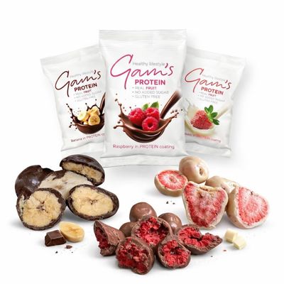 Gam's Protein Fruit Mixed Case x8 - Whole Freeze Dried Fruit Coated in a rich, tasty protein coating - While also being a Gluten Free, High Protein snacks. The perfect post workout snack