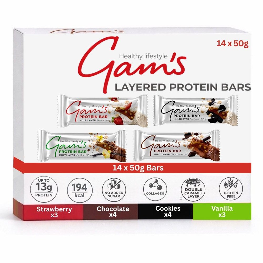 Gam's Protein Multilayer Bars Mixed Case x 14, Double layered, Gluten Free, with added Collagen, Palm Oil Free