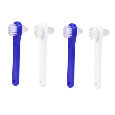 BELLIFFY Double-Sided Denture Toothbrush 4pcs Set with Soft Bristles for False Teeth Cleaning, Dual-Head Design in White and Blue, Suitable for Denture Care and Retainer Cleaning