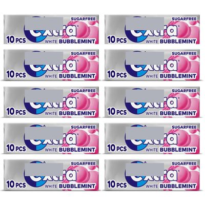10 x packs Exxtttra White Bubblemint Flavour Sugar Free Chewing Gum - Teeth Whitening Bubble Mint Chewing Gums Pellets for Fresh Breath and Oral Hygiene