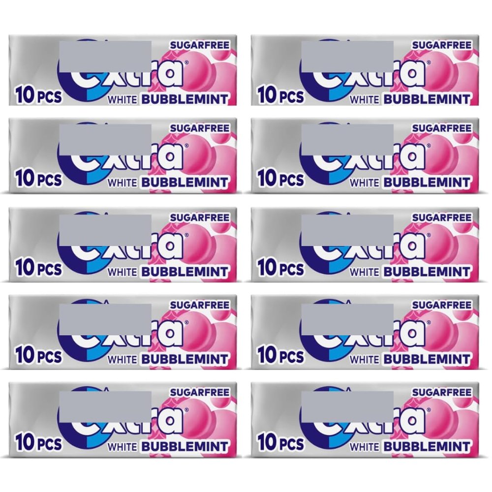 10 x packs Exxtttra White Bubblemint Flavour Sugar Free Chewing Gum - Teeth Whitening Bubble Mint Chewing Gums Pellets for Fresh Breath and Oral Hygiene