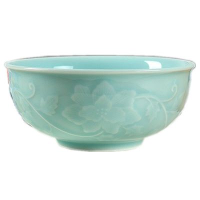 Cereal 17Ounce Salad Chinese Celadon 6 inches Rice Embossed with Peony Porcelain(1, Sky Blue01)