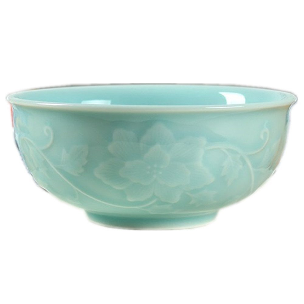 Cereal 17Ounce Salad Chinese Celadon 6 inches Rice Embossed with Peony Porcelain(1, Sky Blue01)