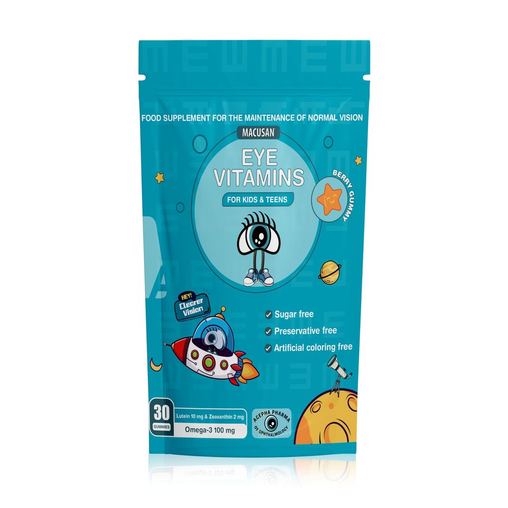 Macusan Eye Health Gummies for Kids & Teens Vision Support & Blue Light Protection with Omega-3, Lutein & Essential Vitamins Sugar-Free, Berry Flavor 30 Gummies
