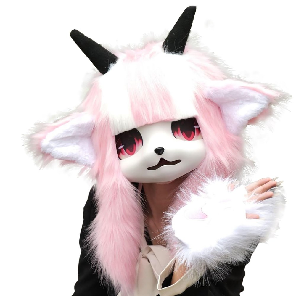 Animal Furry Head Cover,Fursuit Wearable Head Cover,facial Lint-free Cloth,party Halloween COS Clothing Accessories(D)