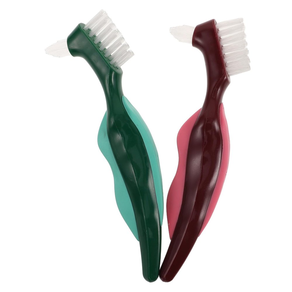 PENIKOKO 2pcs Dual Head Dentures Brush Cleaner for Seniors Hard Bristle Dental Brush with Non Slip Handle Deep Cleaning Toothbrush for False Teeth Portable Oral Care Tool for Precise Plaque