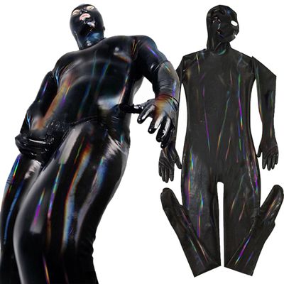 Black,M,Men's Sexy Patent Leather Full Cover Catsuit Casual Zipper Slim Fit Jumpsuit DS Nightclub Stage Costume Black