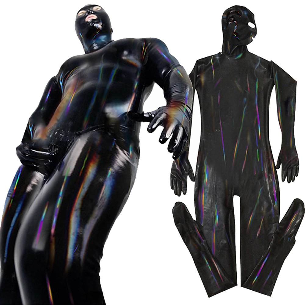 Black,M,Men's Sexy Patent Leather Full Cover Catsuit Casual Zipper Slim Fit Jumpsuit DS Nightclub Stage Costume Black