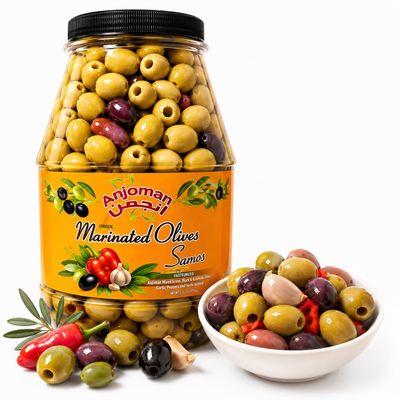 Anjoman Olive Samos Premium Mediterranean Blend 3.3L Catering Grade Bulk Pitted Green, Black & Kalamata Olives Gourmet Marinated Table Olives Mix for Restaurants, Delis & Charcuterie 3.3 Litre Tub
