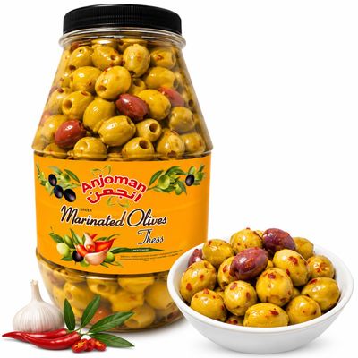 Anjoman Olive Mix THESS Chilli & Garlic (Green & Kalamata Pitted) 3.3L | Spicy & Aromatic
