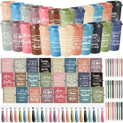 Skylety 24 Set/96 Pcs Team Appreciation Gift Set Christmas Employee Gift Bulk 16 oz Coffee Cups Thank You Mini Spiral Notebooks Pens Keychains for Staff Teacher Team Building (Morandi Color)