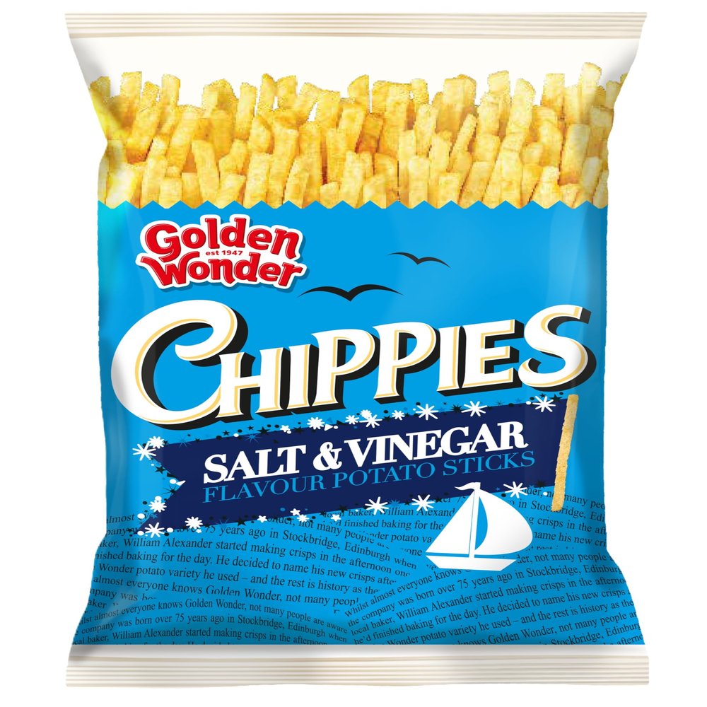 Golden Wonder Chippies Salt & Vinegar Crisps 12 x 100g Bags | Classic Crunchy Snack | Bold Flavour | Sharing Pack