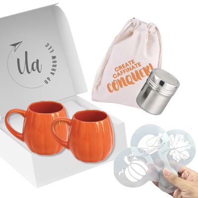 Pumpkin Mug Seasonal Fall Coffee Gift Set with Coffee Stencils Latte Art, Powdered Sugar/Cinnamon Shaker & Custom Drawstring Bag - Hostess Gift and Autumn Essentials