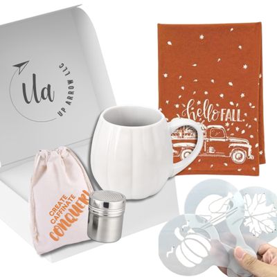 UP ARROW Pumpkin Mug Fall Coffee Gift Set with Burnt Orange Towels Hello Fall Latte Art Stencils Sugar | Cinnamon Shaker, Drawstring Bag Autumn Coffee Essentials