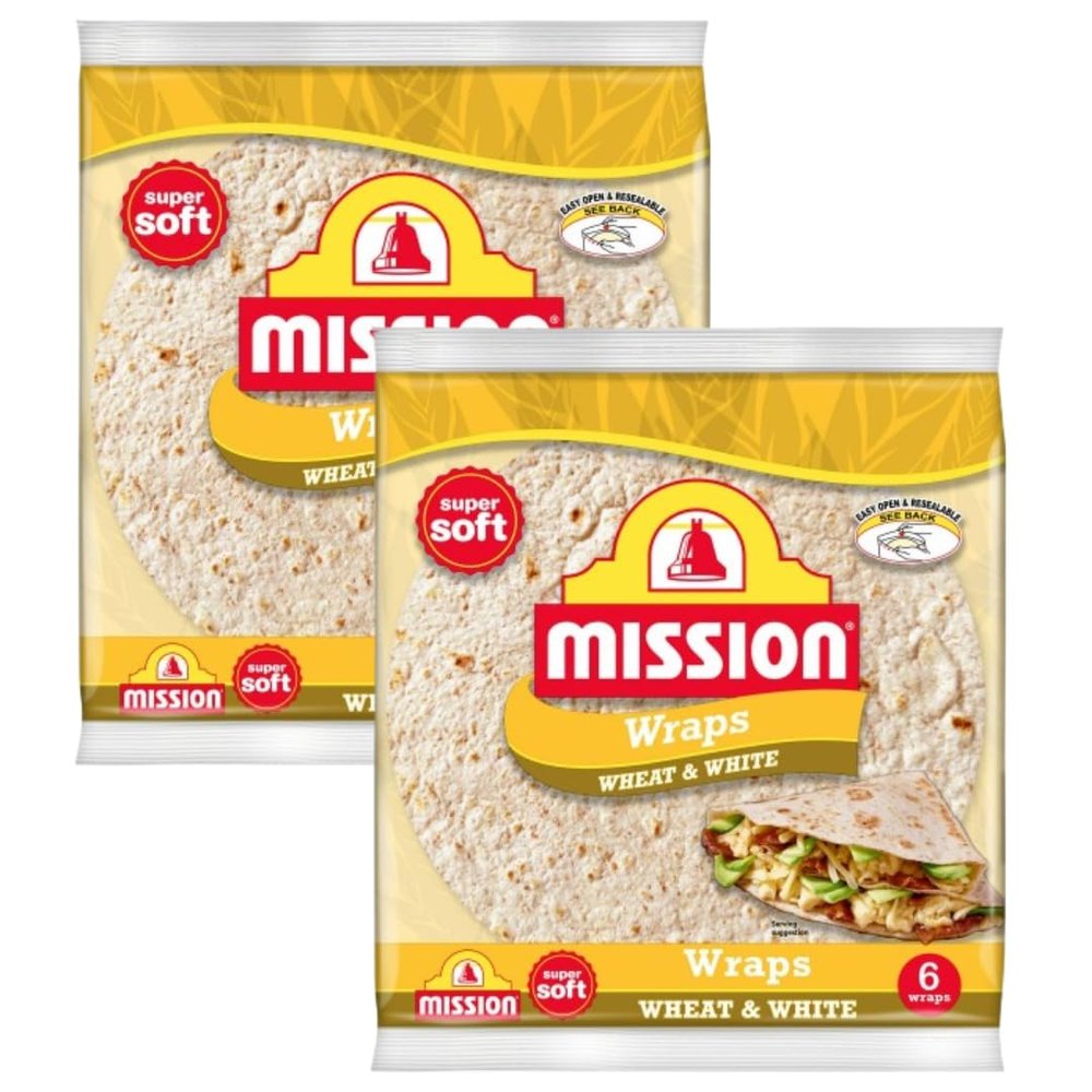 Tortilla Wraps, Deli Wheat and White, 12 Pieces, 2 x 367g Pack (12 Wraps - 2 Bags of 6)