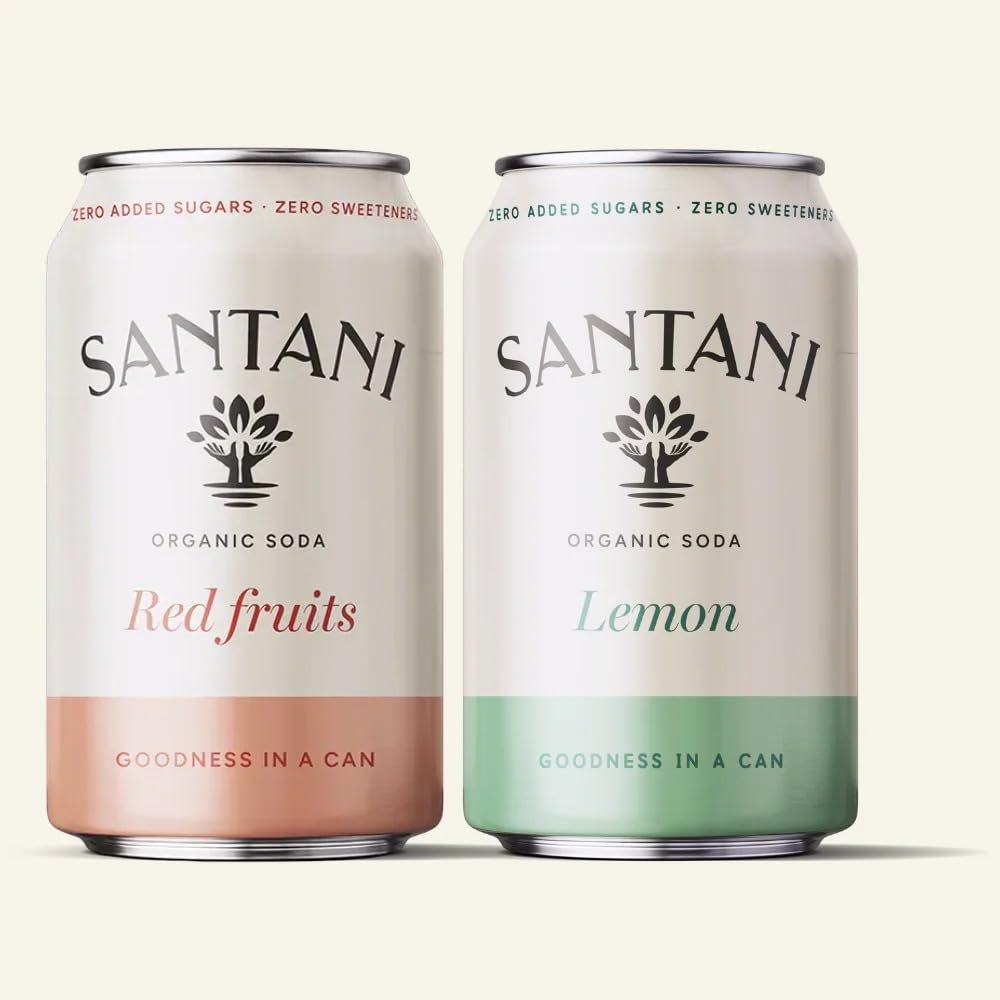 SANTANI Organic Lemon Soda and Red Fruits, 12 Pack (330ml Cans), Zero Added Sugar, Zero Sweeteners, Premium Organic Sparkling Drink with Natural Lemon & Red Fruits Flavour, Goodness in a Can