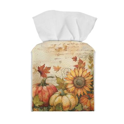 ZOUTAIRONG Sunflower Pumpkin Tissue Box Holder Thanksgiving Leather Tissue Box Cover Square with Bottom Belt for Bathroom, Dresser, Tabletop, Office, Car