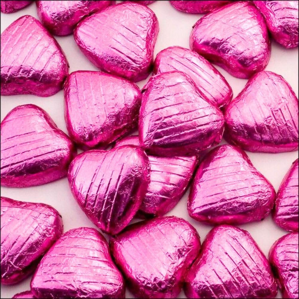 100x Pink Foiled Milk Chocolate Hearts Bag, Pouch (100 Pink Hearts)