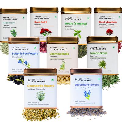 Jaivik Uttarakhand - Herbal Tea Gift Pack (10 Count, 56.7g, Lavender, Blue Pea, Chamomile, Rose Petals, Lemongrass, Rosemary, Jasmine, Hibiscus, Rhododendron, Nettle Leaf Tin Can)