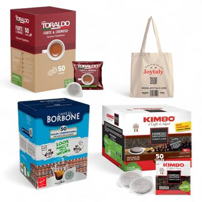 ITALIAN COFFEE PODS TASTING KIT FROM THE BEST ROASTERS, KIMBO ESPRESSO NAPOLI X50 - BORBONE DECISA X50 - TORALDO FORTE E CREMOSO X50 + A SURPRISE GIFT FROM JOYTALY