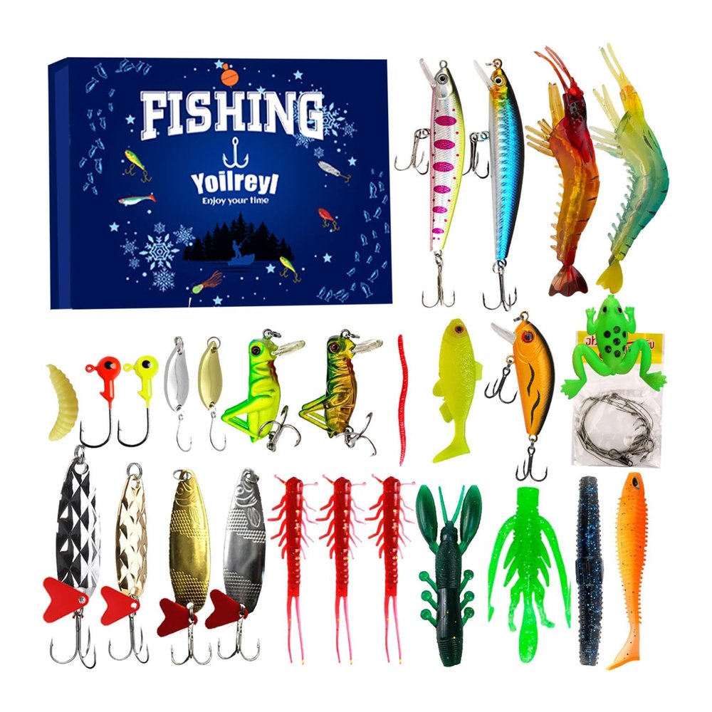Advent Calendar 2025 Fishing Lure Set,24 Days of Christmas Countdown with Unique Fish Tackle,Fishings Baits Christmas Advents Calendars,Surprise Fishing Bait Gifts for Adult Mens Teen Boys