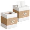 2 Pack Beach Rustic White Wood Square Tissue Box Cover with Slide-Out Bottom Panel - Beach Bathroom Decor Tissue Box Holder with Starfish for Living Room, Desk, Bedroom, Bathroom view 1