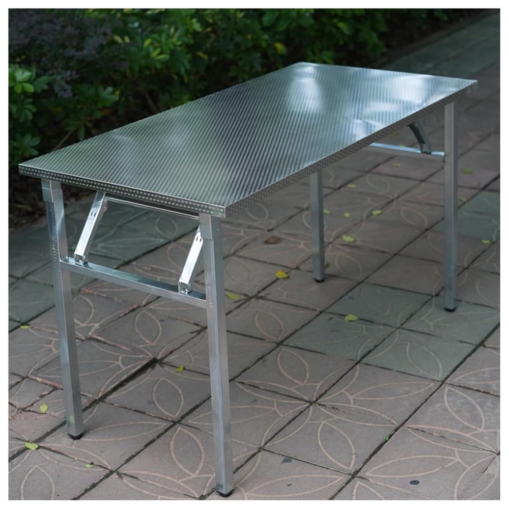 NQNFWCRJ Portable Work Table Thick Stainless Steel Double Spring Folding Dining Table with Adjustable Raised Legs No Assembly Required