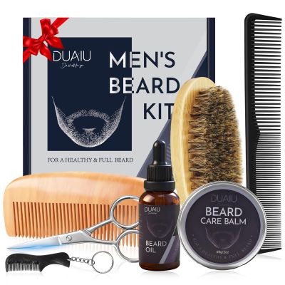 DUAIU Beard Grooming Kit for Men, 7 in 1 Beard Growth Kit with Natural Beard Oil & Balm, Beard Brush, Comb, Scissors - Christmas, Valentines & Birthday Gifts for Men, Dad, Him