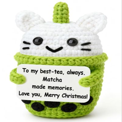 Weming Best Friend Christmas Gift Mini Crochet Boba Tea Plush with Kitty Lid, Matcha Green or Pink, Handmade 4-inch, Best-Tea Pun sign, Cute Kawaii, Stocking Stuffer, Sister Gift
