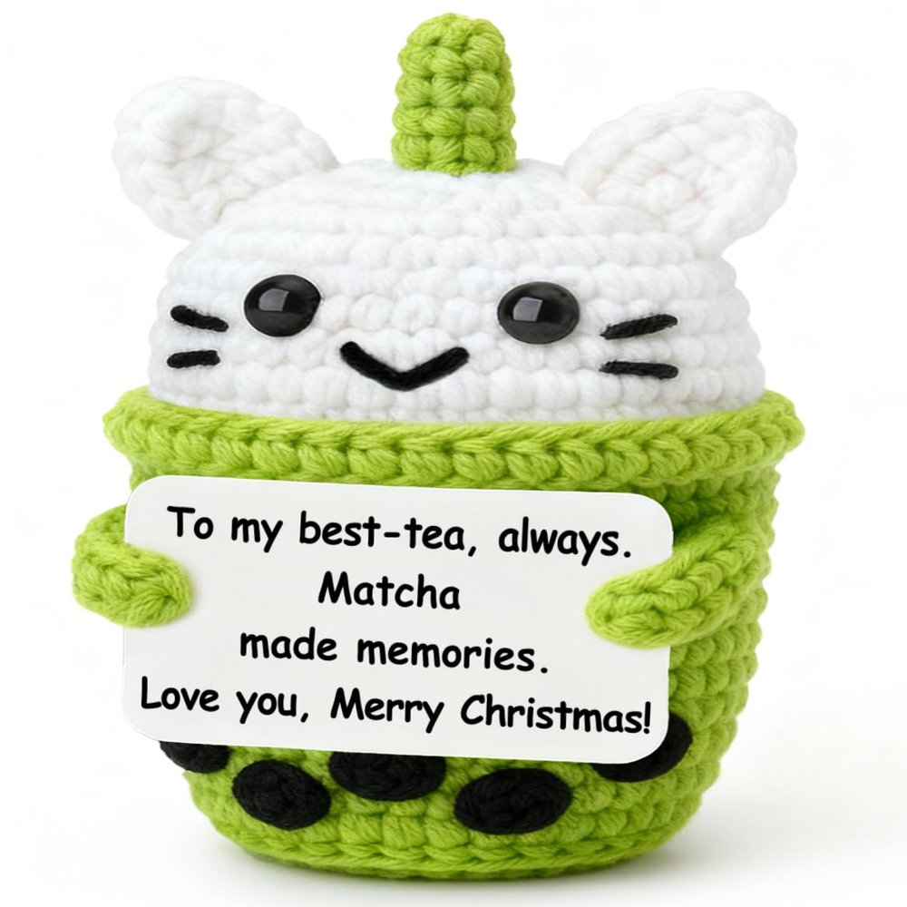 Weming Best Friend Christmas Gift Mini Crochet Boba Tea Plush with Kitty Lid, Matcha Green or Pink, Handmade 4-inch, Best-Tea Pun sign, Cute Kawaii, Stocking Stuffer, Sister Gift