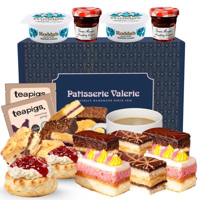 Patisserie Valerie Afternoon Tea Indulgence Gift Hamper Luxury Cake & Scone Selection with Brownies, Clotted Cream, Strawberry Jam & Tea Bags Handmade Hamper Delivery UK Birthday Gift