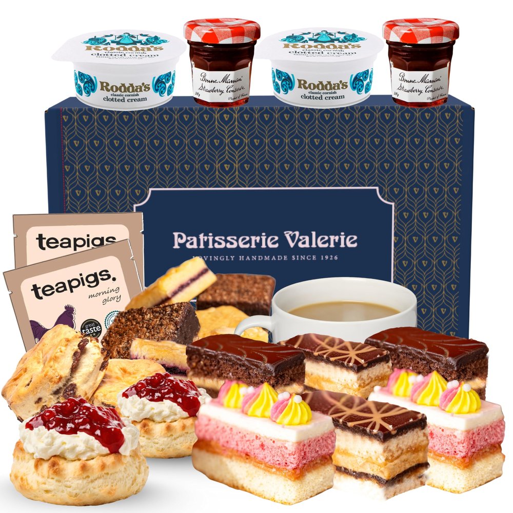 Patisserie Valerie Afternoon Tea Indulgence Gift Hamper Luxury Cake & Scone Selection with Brownies, Clotted Cream, Strawberry Jam & Tea Bags Handmade Hamper Delivery UK Birthday Gift