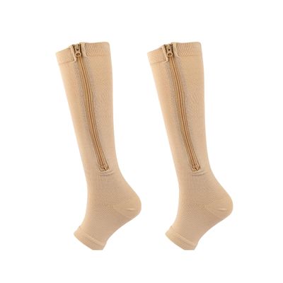 Aartner Zipper Compression Socks for Women & Men - Open Toe Graduated varicose veins compression Stockings, Flight Socks, Running, Nurses, Maternity for swollen feet (Skin color (1 pair), L/XL)