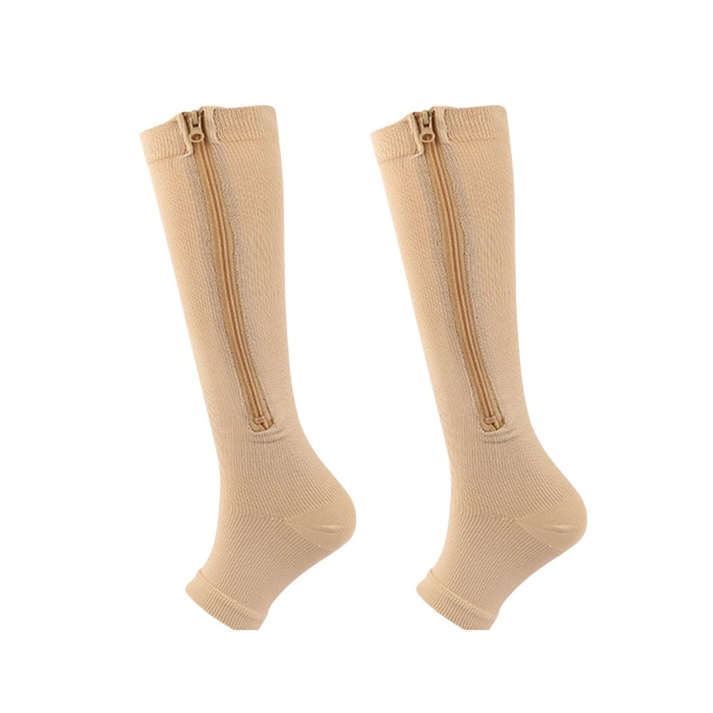 Aartner Zipper Compression Socks for Women & Men - Open Toe Graduated varicose veins compression Stockings, Flight Socks, Running, Nurses, Maternity for swollen feet (Skin color (1 pair), L/XL)