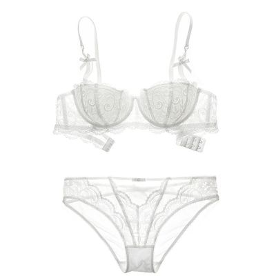 Women's Sexy French Lace Lingerie Set Thin Sheer Bra and Panty Matching Wear for Summer Daily Use (White, 38)
