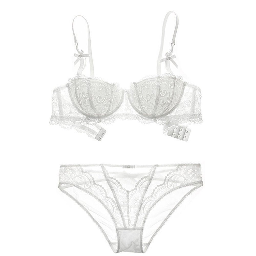 Women's Sexy French Lace Lingerie Set Thin Sheer Bra and Panty Matching Wear for Summer Daily Use (White, 38)