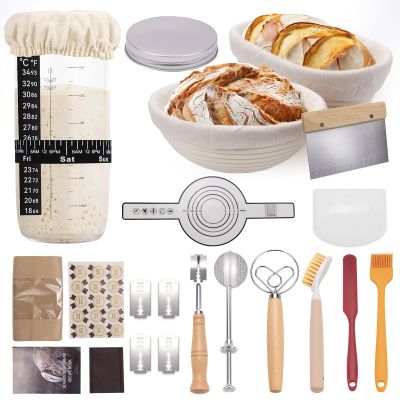 Sourdough Starter Set, 21 Piece Bread Baking Set with Banneton Test Basket, Round, 10", Oval, 10", Dough Glass, Lame Bread, Whisk and