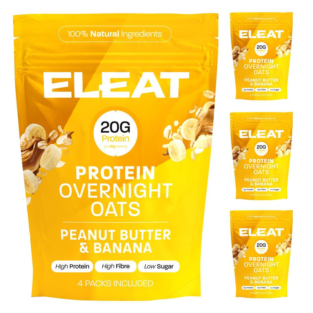 ELEAT | High Protein Overnight Oats | Low Sugar & High Fibre Breakfast | Gut-Friendly Cereal | Gluten Free & Vegan | 400g Resealable Pouch (Peanut Butter & Banana Flavour x4)
