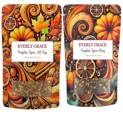 Everly Grace Pumpkin Spice Tea Duo, 2 Organic Autumn Varieties, Spiced Black Tea and Caffeine Free Herbal Blend, Pumpkin Cinnamon and Cloves, No Artificial Flavours, Loose Leaf Infusion Pack