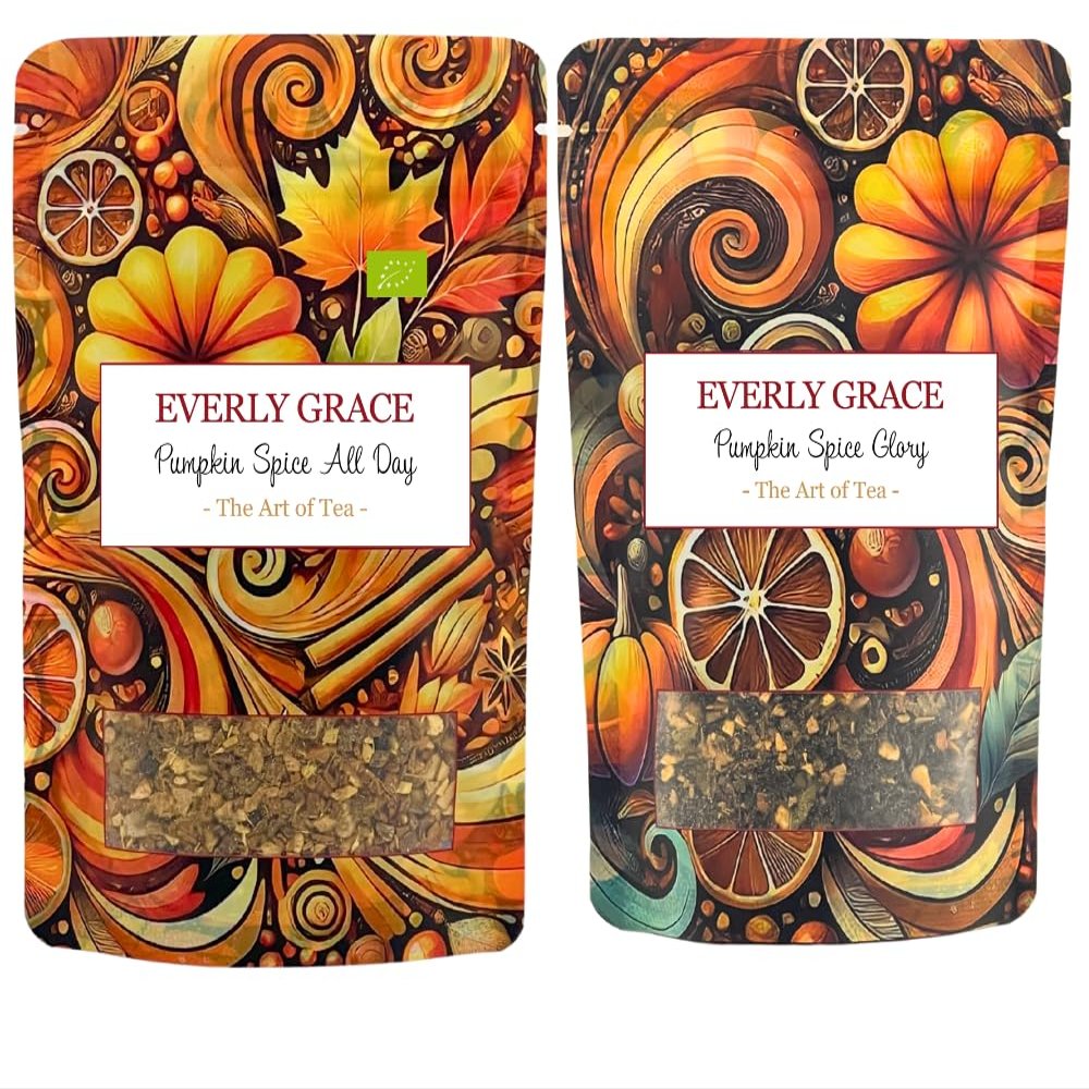 Everly Grace Pumpkin Spice Tea Duo, 2 Organic Autumn Varieties, Spiced Black Tea and Caffeine Free Herbal Blend, Pumpkin Cinnamon and Cloves, No Artificial Flavours, Loose Leaf Infusion Pack