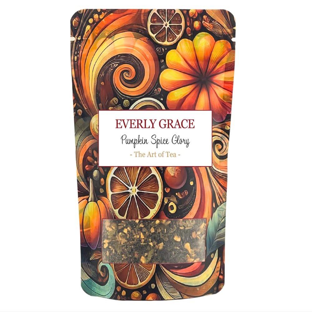 Everly Grace Pumpkin Spice Glory, Organic Black Tea, Bold Orange Pekoe with Pumpkin Cinnamon and Ginger, Autumn Spice Blend, No Artificial Flavours, Chai Base, 100g Loose Leaf Tea for Milk or Water