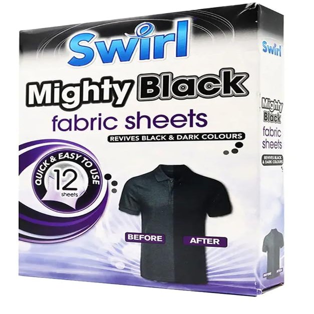 Swirl Mighty Black Fabric Reviver Sheets 12 Pack Laundry Colour Restorer Sheets for Dark Clothes, Easy to Use in Washing Machine (1)