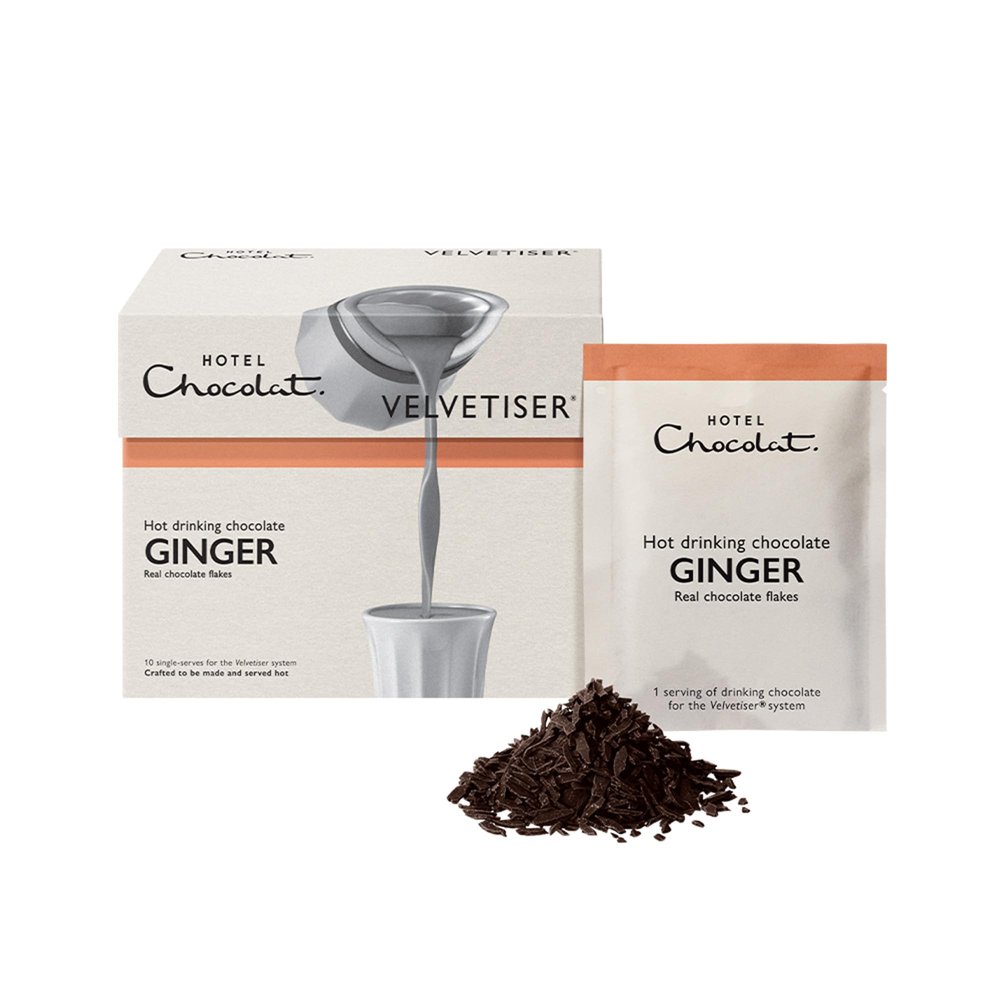 Hotel Chocolat Ginger Hot Chocolate Sachets - Luxury Chocolate Flakes - Pack of 10 Single-Serve Sachets, 310g - Suitable for Vegetarians & Vegans