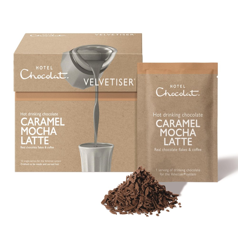 Hotel Chocolat Caramel Mocha Latte Hot Chocolate Sachets - Luxury Chocolate Flakes - Pack of 10 Single-Serve Sachets, 310g - Suitable for Vegetarians