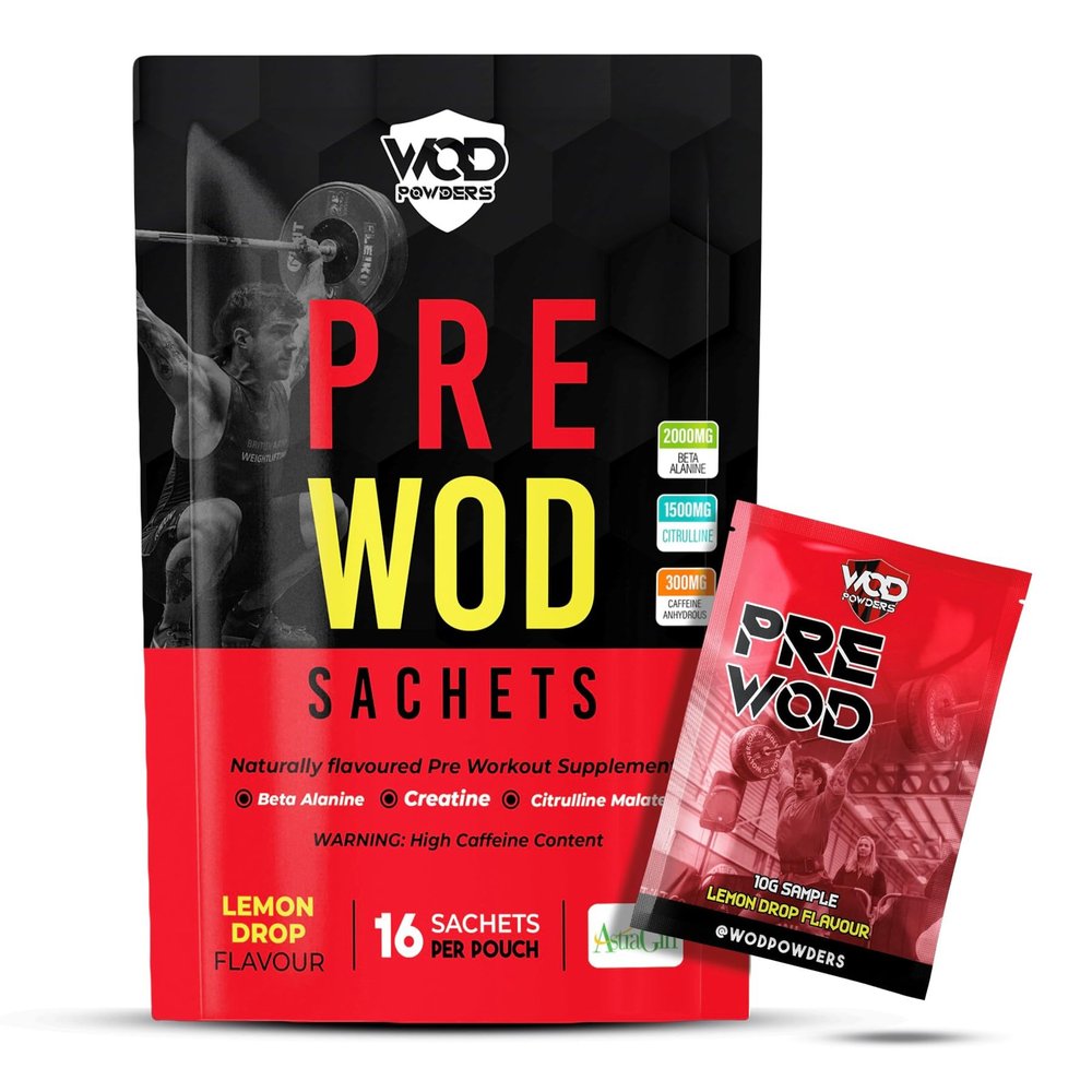 Pre Workout Sachets - 16 Sachets per Pouch | High Caffeine Pre Workout Supplement | PRE WOD Supplement for Crossfit WOD | Made in The UK by WOD Powders (16 Sachets, Lemon Drop)