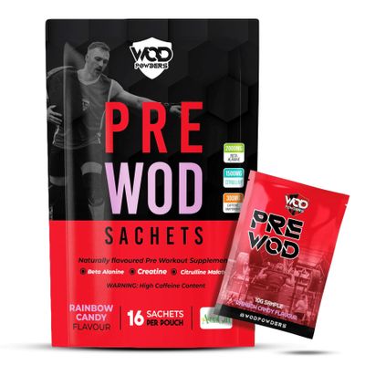 Pre Workout Sachets - 16 Sachets per Pouch | High Caffeine Pre Workout Supplement | PRE WOD Supplement for Crossfit WOD | Made in The UK by WOD Powders (16 Sachets, Rainbow Candy)
