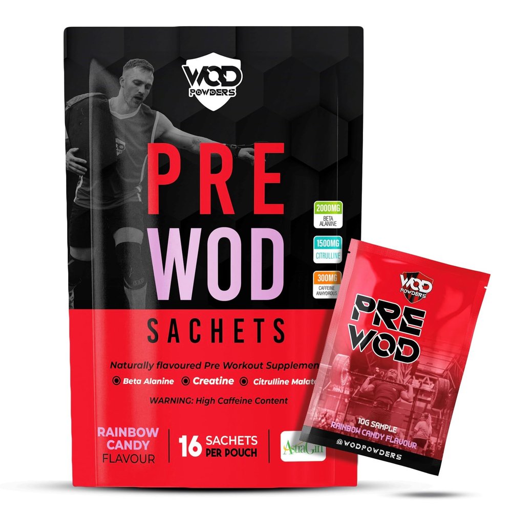 Pre Workout Sachets - 16 Sachets per Pouch | High Caffeine Pre Workout Supplement | PRE WOD Supplement for Crossfit WOD | Made in The UK by WOD Powders (16 Sachets, Rainbow Candy)